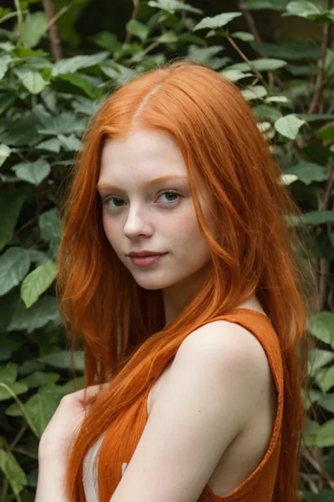 a close up of a woman with long red hair posing for a picture