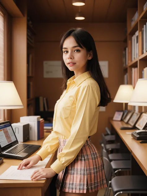 trualitycampus_heather, school student wearing a yellow button-up shirt with rolled sleeves, checkered skirt, lace-up oxford sho...