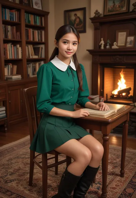 (medium full shot) of (innocent school student) young woman, thai, straight hair, brown eyes, light brown skin, fair skin, brown...