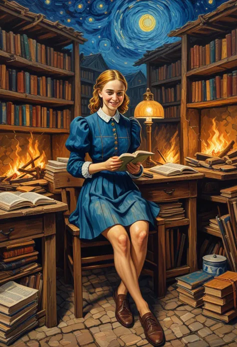 (Stunning acrylic painting by vincent Van Gogh, Cracked Paint Effect) of a  schoolgirl woman,             wearing a navy blue blouse with puff sleeves, mini skirt, brown loafers, lunchbox and water bottle, laughing, arms crossed,  set in  School Library, Inviting space with rows of bookshelves, study tables with adjustable lamps, cozy reading nooks with bean bags, a circulation desk with computers, colorful posters promoting literacy,  set in ancient roman empire era,  Roman Camp, orderly encampment with tents lined in rows, soldiers training, cooking fires, centurions inspecting the troops , at night,