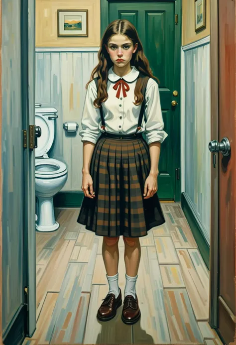 (haunting painting by Edvard Munch) of a  schoolgirl woman,             wearing a beige blouse with a peter pan collar, plaid skirt, brown loafers, backpack,             set in  public Toilet, Simple, utilitarian design with linoleum flooring, stainless steel partitions between stalls, basic white porcelain toilets, wall-mounted soap dispensers, paper towel holders, at night