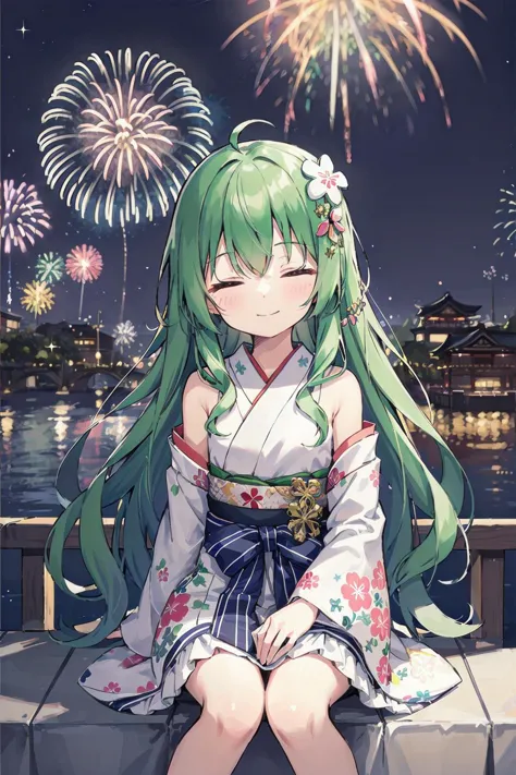 (pixiv masterpiece), masterpiece, best quality, 1girl, cute, kawaii, flat chest, green hair, closed eyes,  clover hair ornament, long hair, disheveled hair, messy hair,  Japanese clothes, night, fireworks,light smile, (crowd:0.5), sparkling, sparkle,