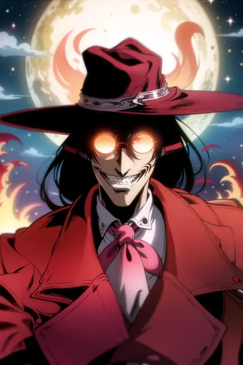 <lora:alucardserasintegra:0.6>, (alucard:1.3), masterpiece, best quality, absurdres, 1boy, looking at viewer, standing, outdoors, night, evil smile, glasses, hands in pockets