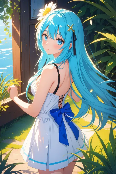 a woman with blue hair and a blue dress standing in front of a body of water