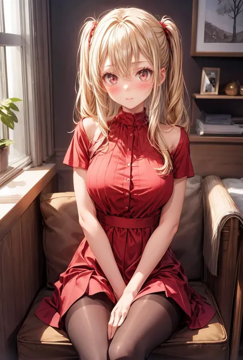 anime girl sitting on a couch in a red dress