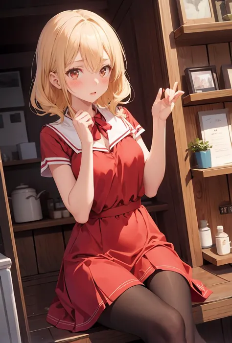 anime girl in red dress sitting on a shelf with a cigarette