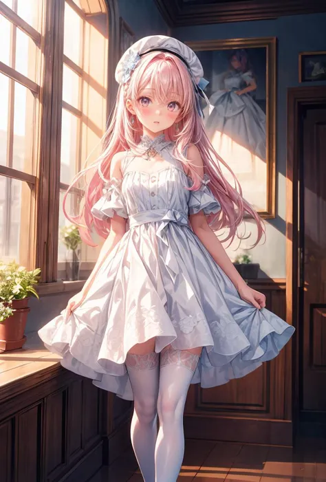 (masterpiece, best quality), 1girl, blue and white frill dress, (white stockings), pink hair, cute face, standing, indoor, intricate detail, sunlight, <lora:add_detail:1>