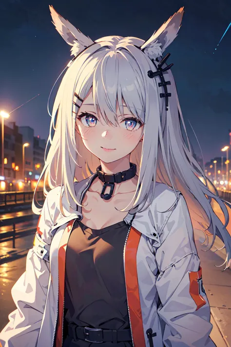 anime girl with long white hair and ears standing on a sidewalk