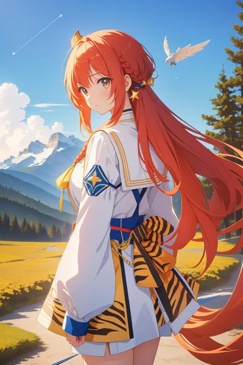 a woman with long red hair and a white shirt is standing in front of a mountain