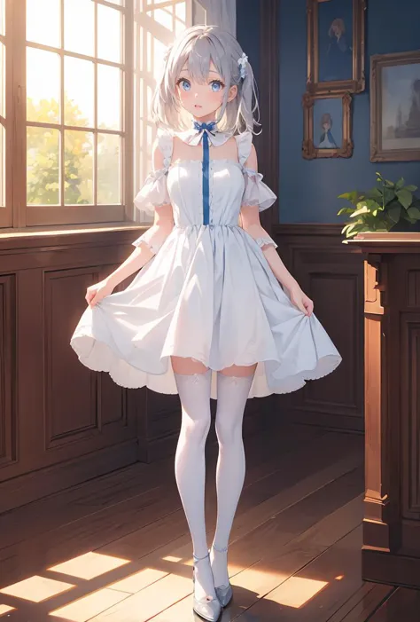 anime girl in a white dress standing in a room