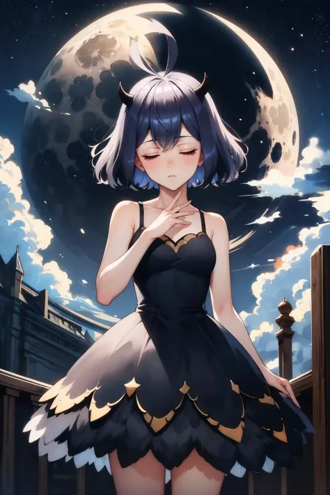 masterpiece, best quality, secre, horns, bare shoulders, black dress, sleeveless, standing, closed eyes, night, moon, swirls of colored light, hand to heart