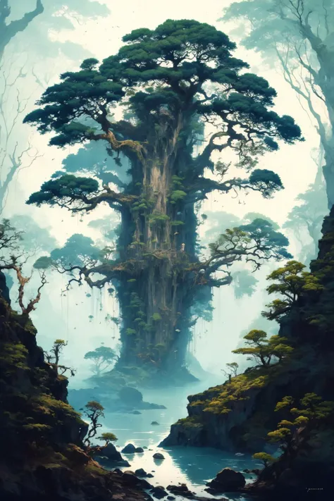 ancient giant tree in the deep jungle, birds in the branches, fog at dawn, beautiful scenery