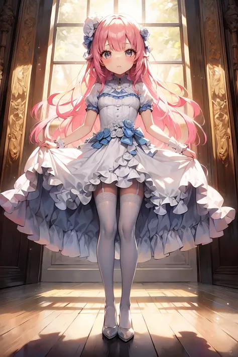 (masterpiece, best quality), 1girl, blue and white frill dress, (white stockings), pink hair, cute face, standing, indoor, intri...