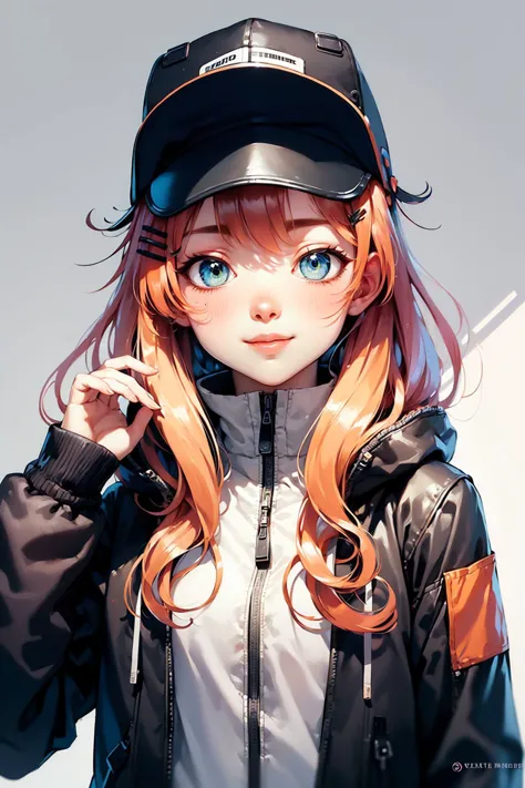 (masterpiece, best quality:1.2), upper body, solo, 1girl, smile, looking at viewer, long hair, hairclip, visor cap, hooded jacke...