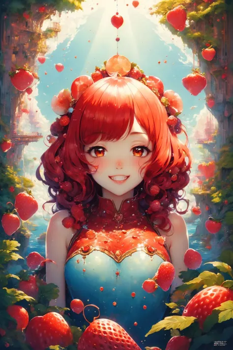 ((masterpiece:1.3,concept art,best quality)),very cute appealing anthropomorphic strawberry,looking at the viewer,big grin,happy...