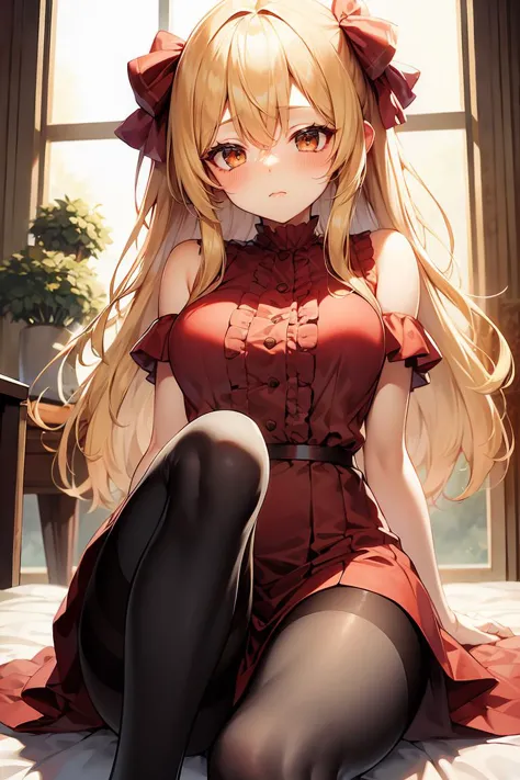 (masterpiece, best quality), 1girl, blonde hair, red dress, pantyhose, cute face, blush,