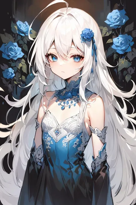 masterpiece, best quality, 1girl, blue flowers, flat color, lineart, very long hair, white hair, ahoge, blue eyes, petite, long ...