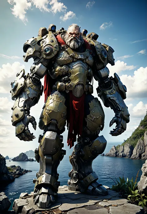 (fisheye camera view, fisheye lens:1.5)cinematic photo cinematic film still heavy mech, mech armor, old bearded man, angry face,...