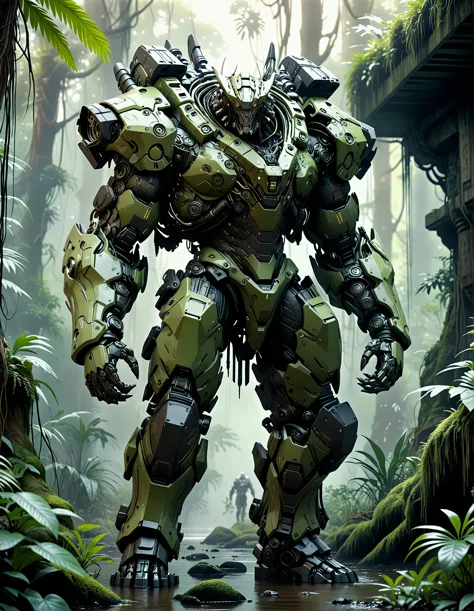 cinematic film still ethereal fantasy concept art of  in a deep jungle, power armor, grizzeld man, exoskelelton, robot, futurist...