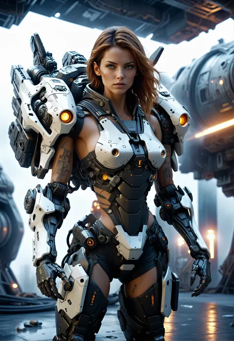 cinematic film still cinematic photo in front of a spaceship, power armor, sexy woman, exoskeleton, robot, futuristic, mechanica...