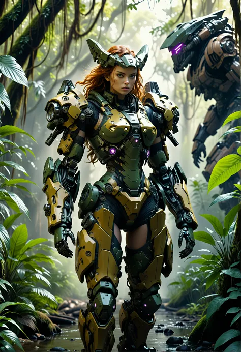 cinematic film still cinematic photo in a deep jungle, power armor, sexy woman, exoskeleton, robot, baroque details, fantastic, ...