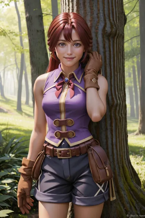 professional photo of Monica MoniGe, red low-tied long hair, solo, upper body, smiling, , brown gloves, shorts, pouch, sleeveless, belt, purple shirt, forest,
detailed skin, detailed eyes, detailed face,
volumetric light, highrez, masterpiece, best quality,
