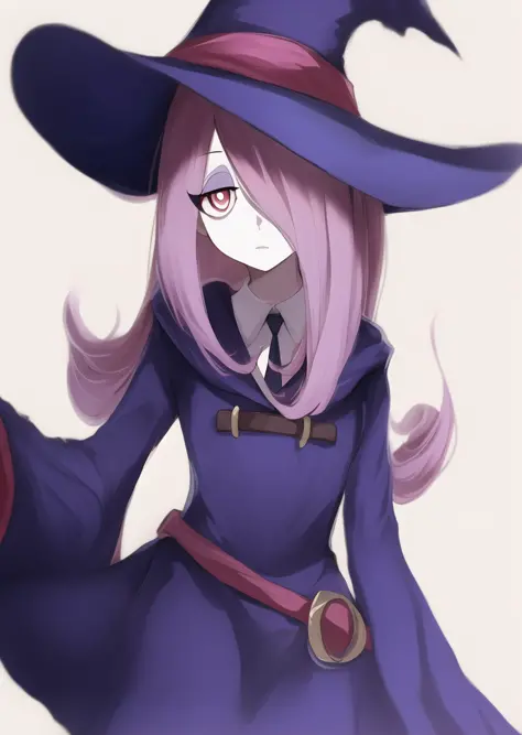 sucy, (sucy manbavaran:1.3), cowboy shot 1girl, (blank expression:1.2), (expressionless:1.2), makeup, eyeshadow, hair over one eye, half-closed eyes, hat, long hair, purple hair + pink hair, light purple hair, red eyes, pale skin, luna nova uniform, luna nova school uniform, robe, dress, blue dress, wide sleeves, (sleeves past fingers), (sleeves past wrists), witch, witch hat, simple background, (standing cowboy shot:1.2)