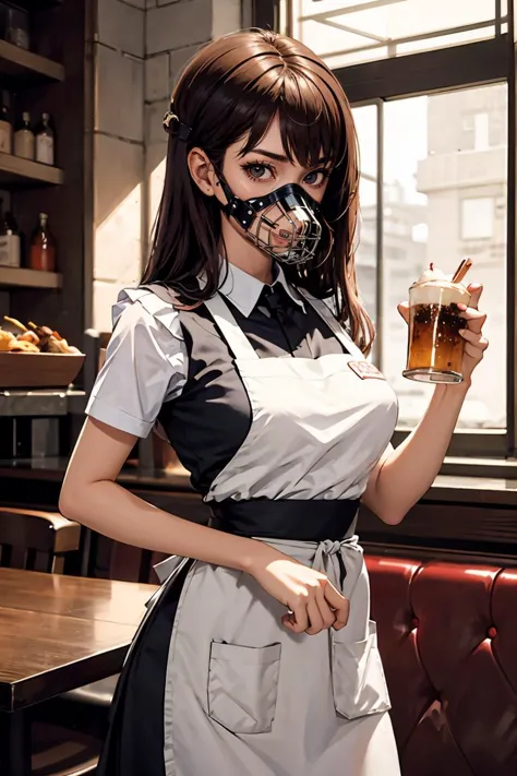 (masterpiece, best quality),  <lora:truemuzzle:1> muzzle, truemuzzle,  1girl, standing, restaurant, apron,