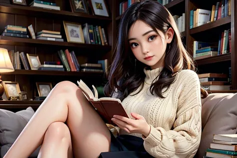 beautiful woman sitting in a warm old bookstore,  ((head down)), (((ignoring viewer:0.7))), sitting by a bookshelf and reading a book, wearing a loose wool sweater, wool skirt, bottomless, nopanties, partially visible crotch, ((reading a book)),, masterpiece, ultra high res, high quality, Fujifilm XT3, contrast, realism,<lora:japanese_actress_mix-V5:0.2>, <lora:JapaneseDollLikeness_v15:0.2>, <lora:koreanDollLikeness:0.2>,  <lora:taiwanDollLikeness_v20:0.15> <lora:HongKongDollLikeness:0.15>, detailed skin, wispy hair, detailed eyes,