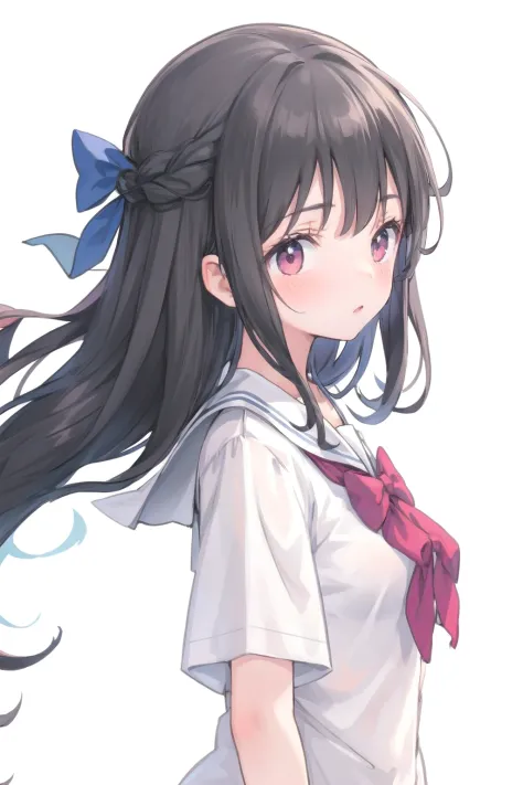 1girl, from side, kamiusiro, ribbon behind hair, school uniform, (white background), <lora:kamiusiro_ribbon behind hair:1>