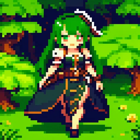 a close up of a pixel art style image of a woman in a green dress