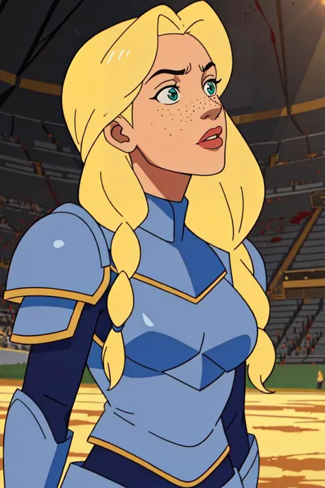 a cartoon image of a woman in a blue outfit standing in a stadium