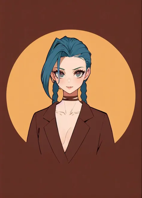 a woman with blue hair and a brown jacket