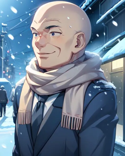 a man in a suit and scarf standing in the snow