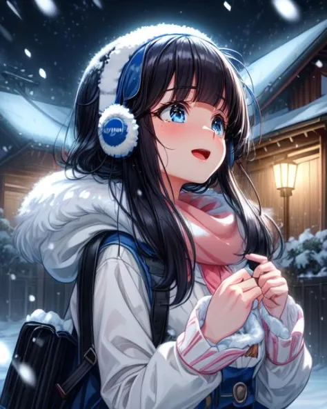 anime girl with headphones and scarf in front of a house