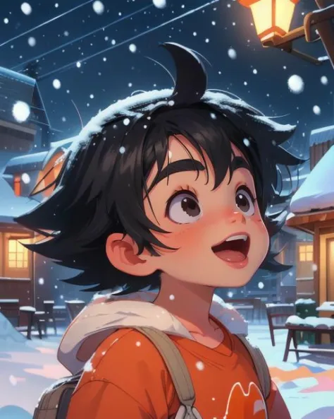 a girl in an orange shirt standing in the snow