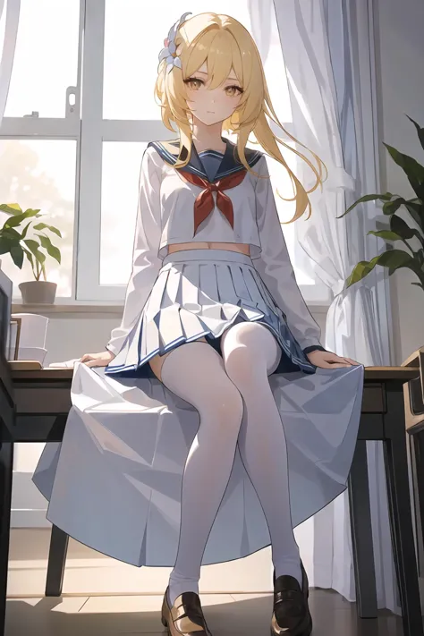 anime girl sitting on a table with her legs crossed