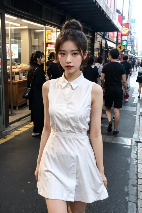 best quality,masterpiece,1girl,dress shirt,double bun,sleeveless dress,In the background is a commercial pedestrian street with people coming and going.,shope,billboard,Light box,neonxhusky,windbreak,white shirt,