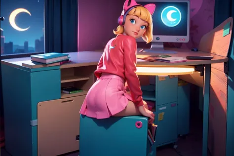 there is a girl sitting on a desk with a computer