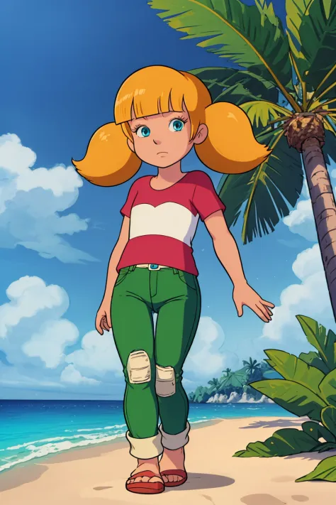 masterpiece, best quality, 1girl, penny, blonde hair, twintails, blunt bangs, blue eyes, red shirt, (white reinforced knee green pants),  looking at viewer, standing, full body, sea, sand, tropical island background <lora:Penny:1>