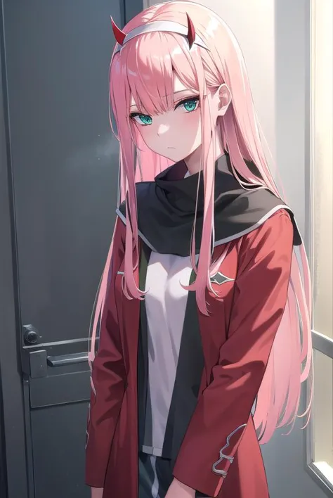 a woman with pink hair and a red jacket standing in front of a door