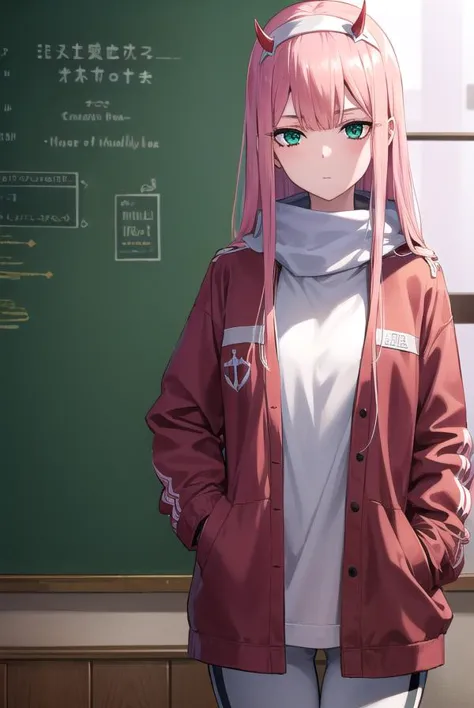 zerotwo, <lora:zerotwo-lora-nochekaiser:1>, 
zero two, (green eyes:1.5), hairband, horns, long hair, pink hair, red horns, white hairband,
BREAK jacket, leggings, red jacket, white footwear,
BREAK indoors, classroom,
BREAK looking at viewer, (cowboy shot:1.5),
BREAK <lyco:GoodHands-beta2:1>, (masterpiece:1.2), best quality, high resolution, unity 8k wallpaper, (illustration:0.8), (beautiful detailed eyes:1.6), extremely detailed face, perfect lighting, extremely detailed CG, (perfect hands, perfect anatomy),