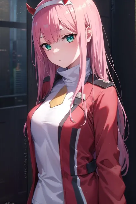 zerotwo, <lora:zerotwo-lora-nochekaiser:1>, 
zero two, (green eyes:1.5), hairband, horns, long hair, pink hair, red horns, white...