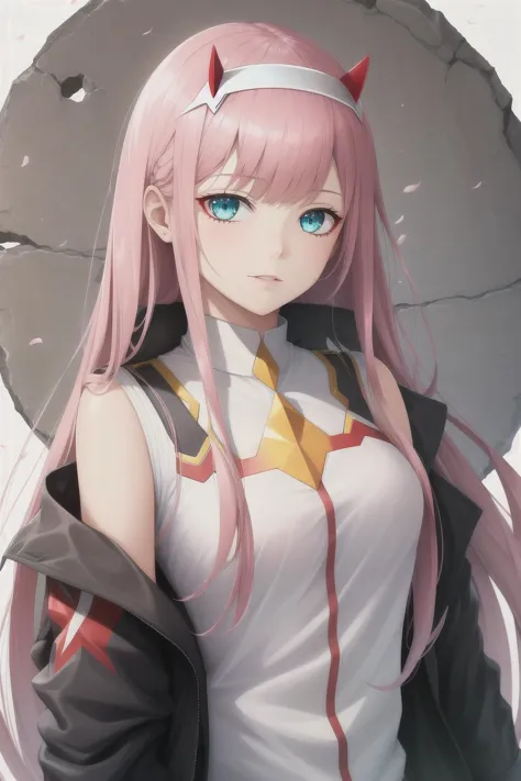 (high quality), masterpiece, highres, 1girl, zero two \(darling in the franxx\), long hair, pink hair, green eyes, red horns, medium breasts, white background, looking at viewer,   <lora:zerotwotest:1>