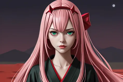 ((portrait)), ((bust)),((2.5d)),
1girl, (zerotwo), (long pink hair), (green eyes), black and red kimono, black and red bow knot,...