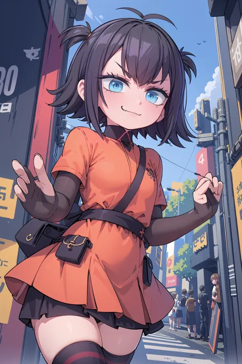 anime girl in orange dress walking down a street in a city