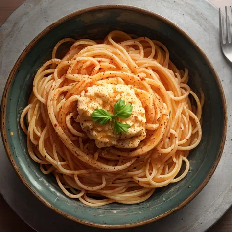 a close up of a bowl of spaghetti with a fork and knife