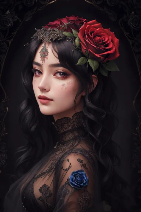 a woman with a rose in her hair and a black dress