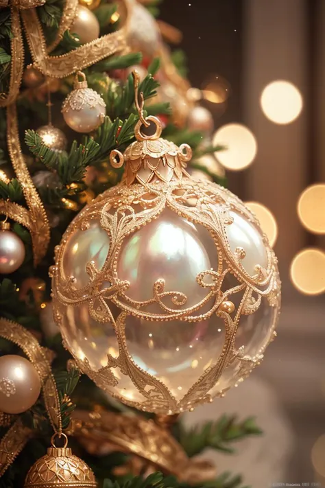 a close up of a christmas tree with a gold ornament