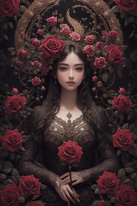 a woman with a crown and roses in her hair